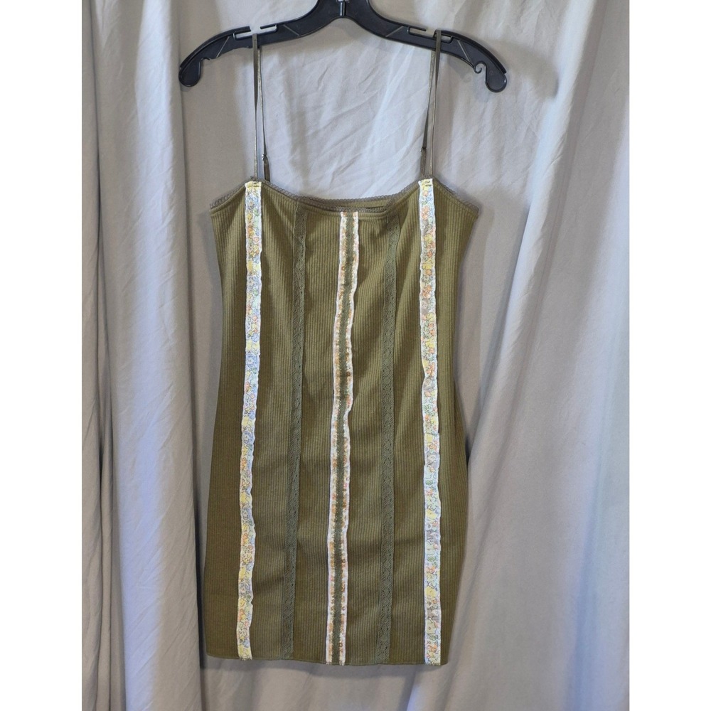 Olive Green Strappy Ribbed Mini Dress with Contrast Trim